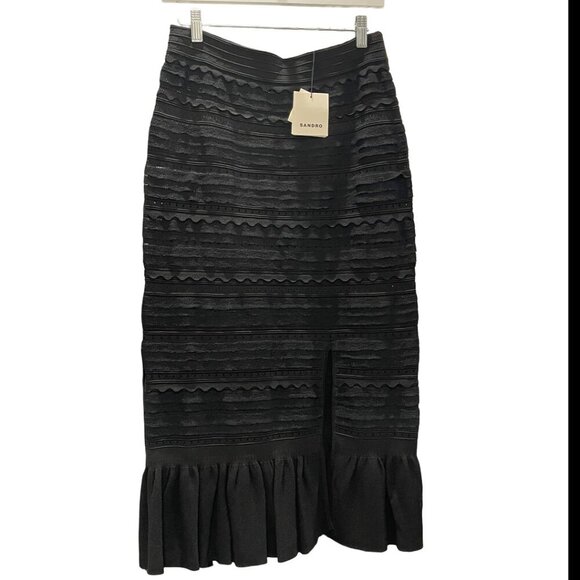 Sandro Black Crochet Ruffled Midi Skirt Size 8 NWT - Picture 3 of 5